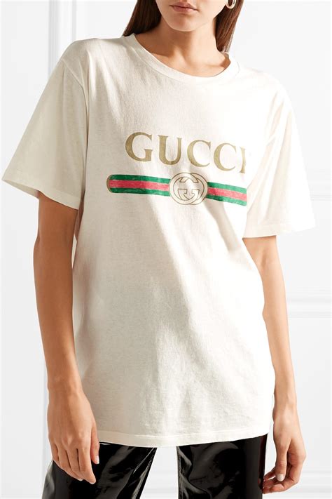 gucci applique distressed printed cotton jersey t-shirt|GUCCI Logo.